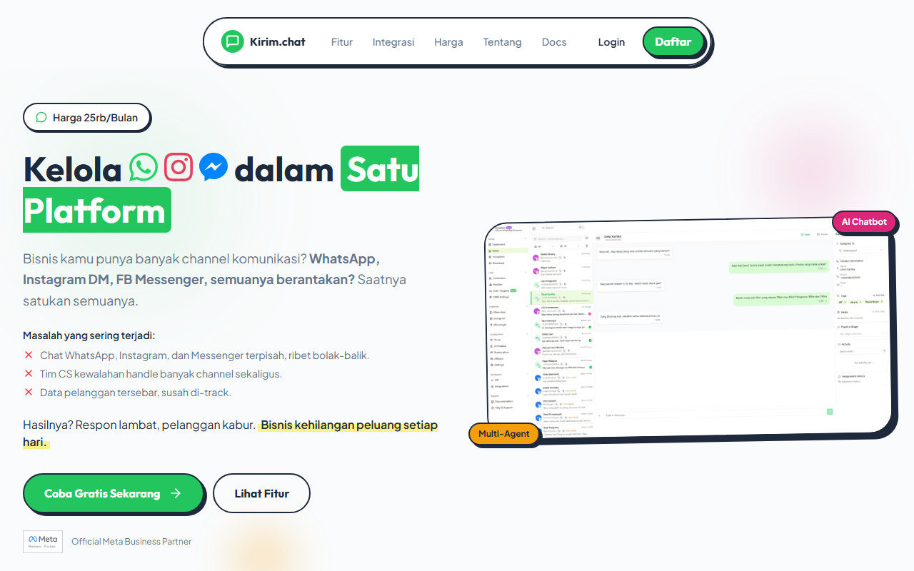 Halaman depan Kirim.chat: kelola WhatsApp, Instagram, dan Messenger dalam satu platform