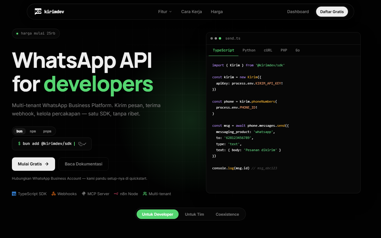 Halaman depan Kirimdev: WhatsApp API for developers dengan contoh kode SDK